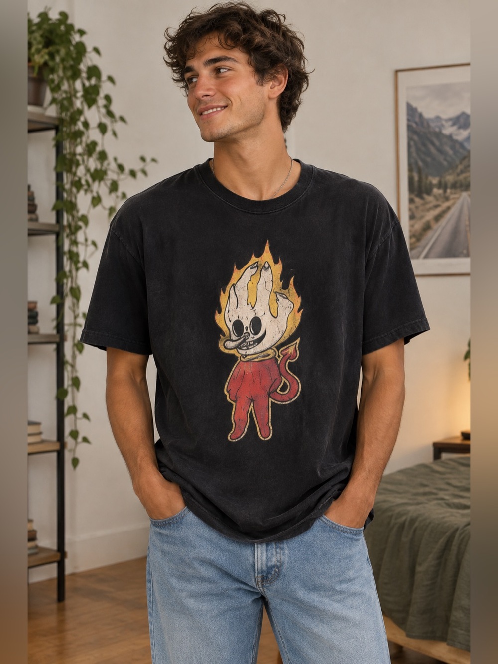 Gildan Softstyle Graphic Black Flaming Hand Tee Size L Streetwear Y2K Skater